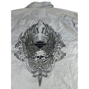 Harley Davidson Gray Button-Up Shirt Men's 3XL Skull Wing Embroidered Biker Hog